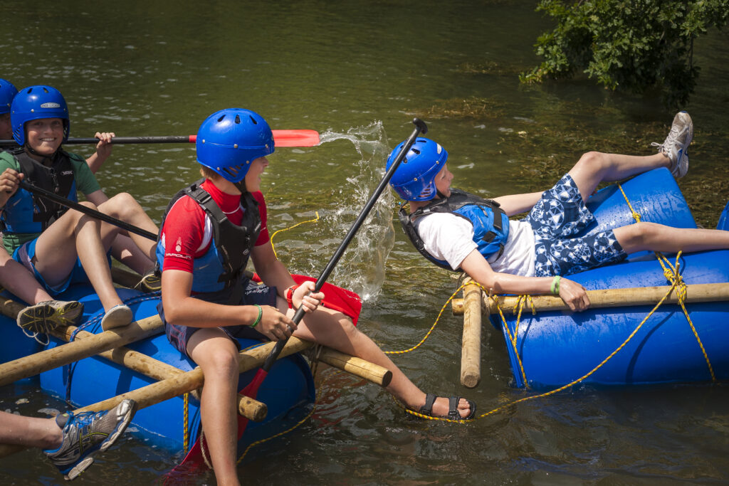 Falling from the raft on the lake